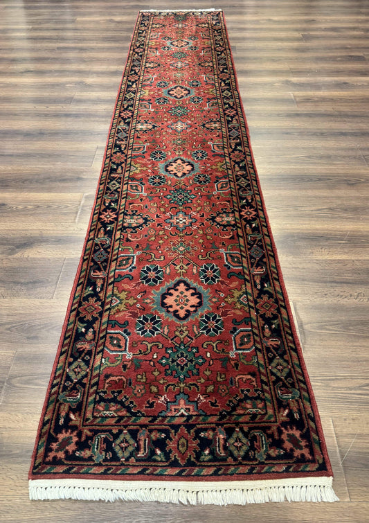 Indo Persian Heriz Runner Rug 2 x 12 ft, Hand Knotted Wool Hallway Rug, Red & Black