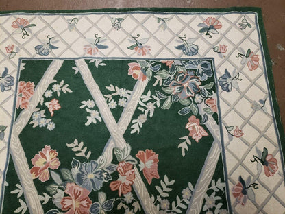 Hand Stitched Indian Wool Rug 3 Ft 6 In By 5 Ft 6 In Green Beige Backing Vintage 1980s