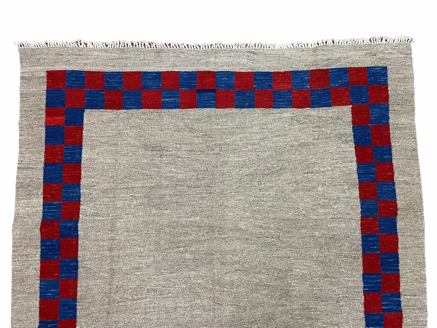 Geometric Kilim Rug Handmade Wool Hand Knotted Gray Blue Red Checkerboard