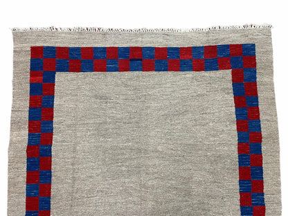 Geometric Kilim Rug Handmade Wool Hand Knotted Gray Blue Red Checkerboard