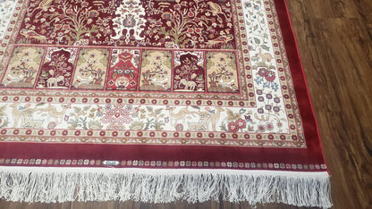 Silk Carpet 4x6 Dark Red & Cream, Tree of Life Rug, Animal Motifs, Birds Deer Rabbits, All Bamboo Silk, 4 x 6 Silk Area Rug