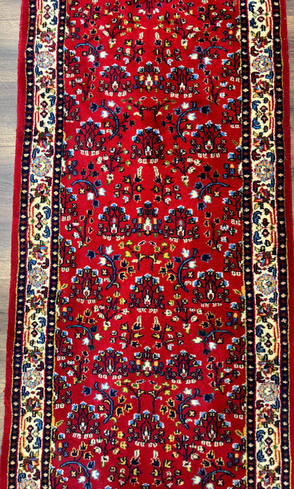 Indo Persian Sarouk Runner Rug 3 x 12, Red and Cream, Allover Pattern, 12ft Runner, Hand Knotted