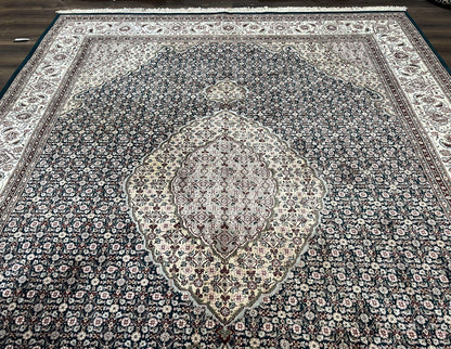 Sino Persian Rug 9x12, Dark Green and Ivory, Medallion, Mahi Herati, Elegant Oriental Carpet, Wool Hand Knotted Traditional Room Sized Rug