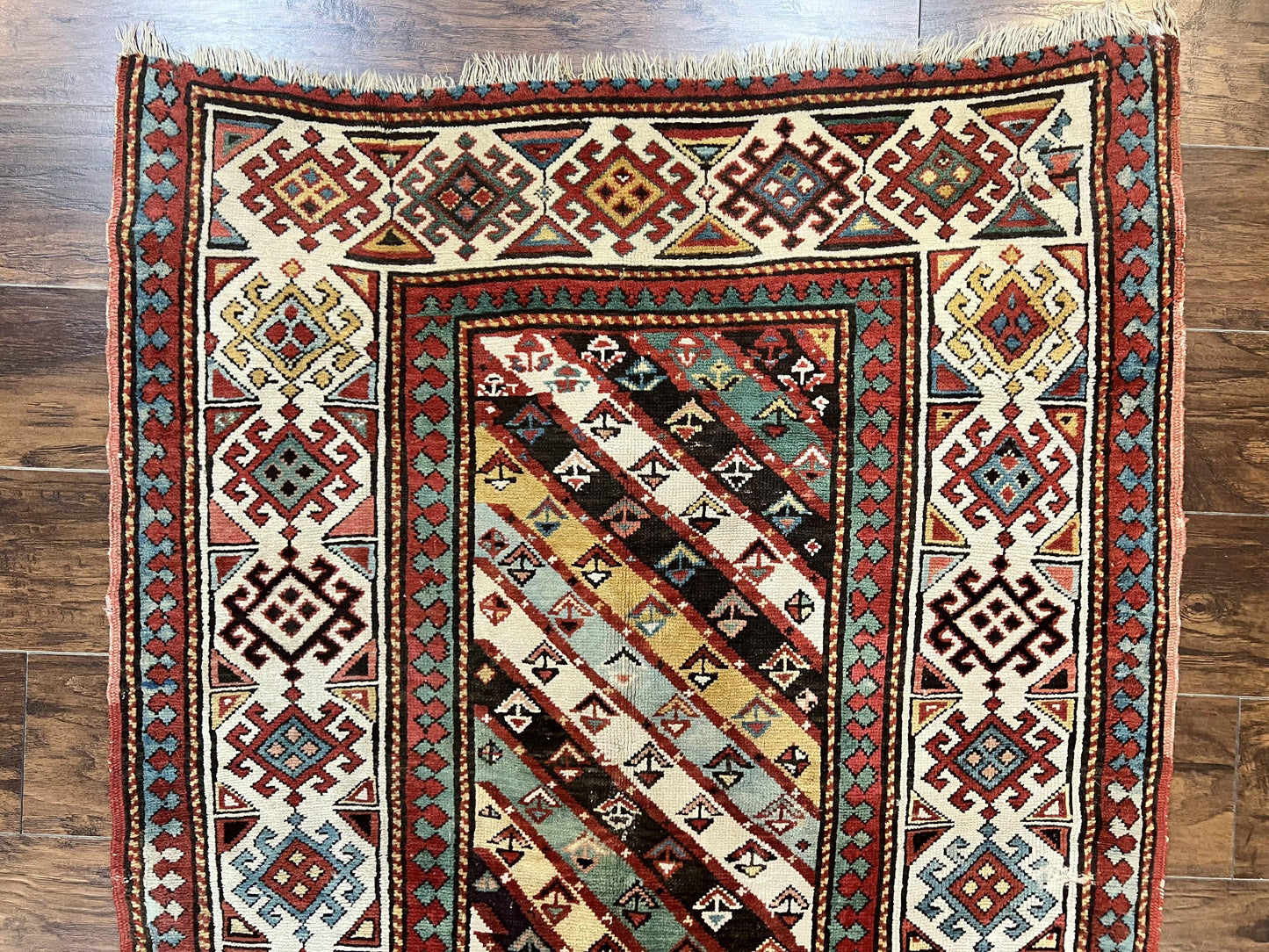 Caucasian Kazak Runner Rug 3.6 x 8, Wool Hand Knotted Antique 1880s Carpet, Ivory & Multicolor Stripes Oriental Runner Rug, Hallway Rug