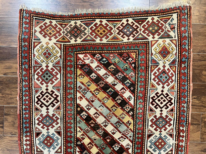 Caucasian Kazak Runner Rug 3.6 x 8, Wool Hand Knotted Antique 1880s Carpet, Ivory & Multicolor Stripes Oriental Runner Rug, Hallway Rug