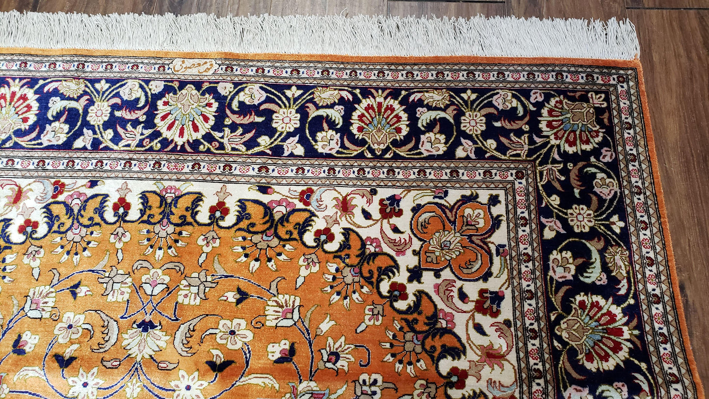 Vintage Persian Qum Silk Rug 4.6x6.7 Burnt Orange Navy Blue Antique Oriental Signature Master Weaver 350 KPSI