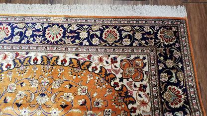 Vintage Persian Qum Silk Rug 4.6x6.7 Burnt Orange Navy Blue Antique Oriental Signature Master Weaver 350 KPSI