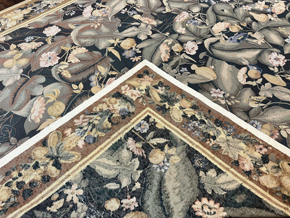 Large Needlepoint Rug 9x13, Handmade Wool Flatweave Vintage Rug, Leaves, Green