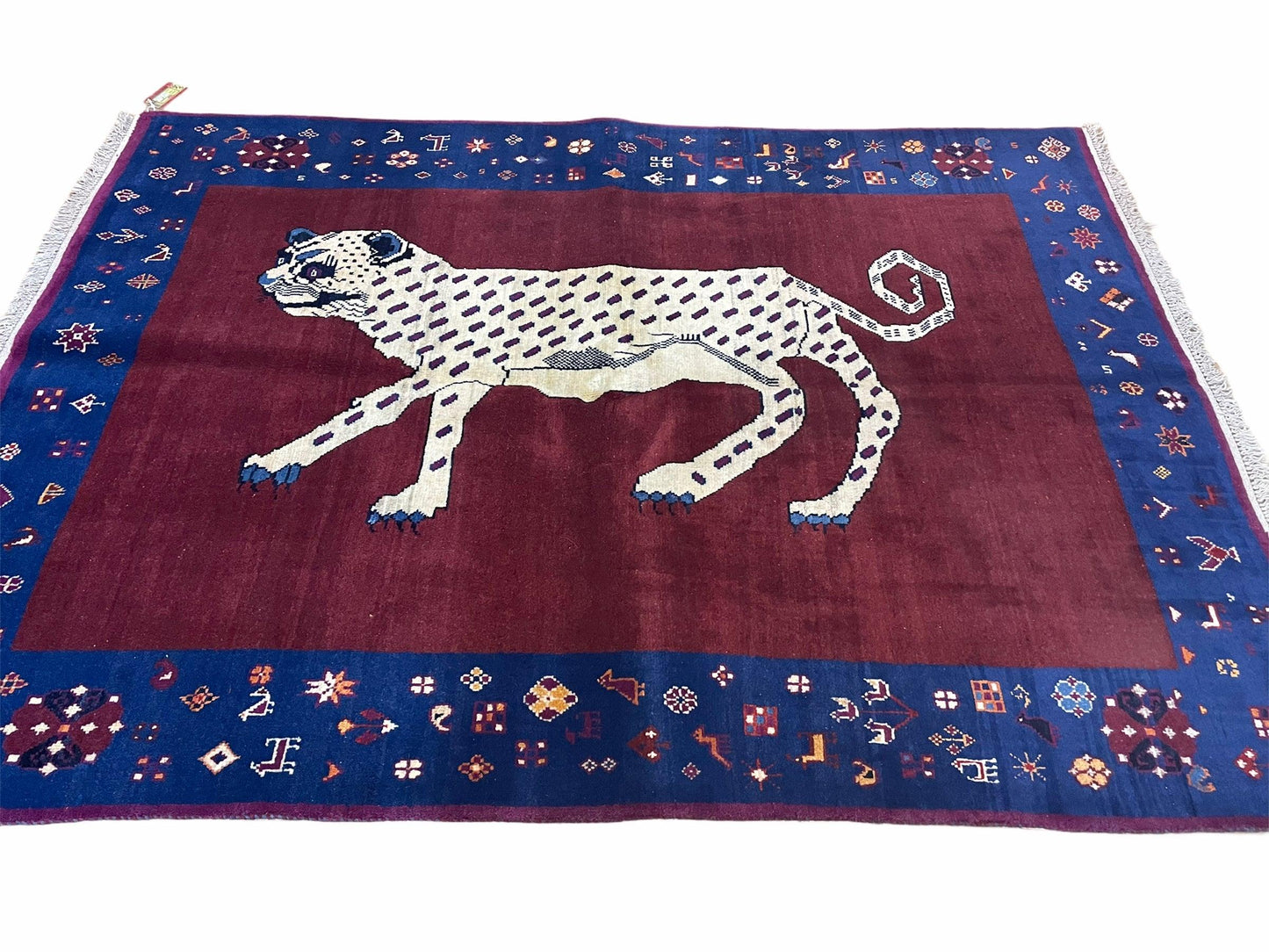Zagros Wool Rug 5x7 Handmade With Organic Dyes Snow White Panther Maroon Blue