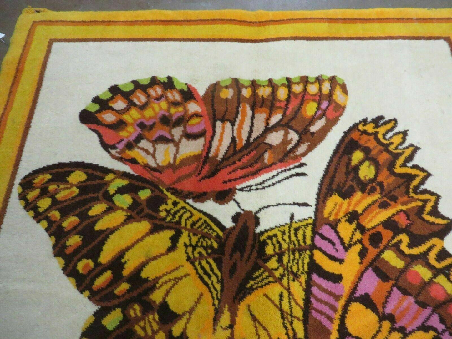 Hand Knotted Wool Rug 4x6 Butterfly Design Spanish Made Vintage 1980s