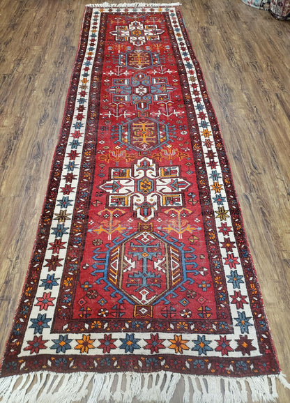 Antique Persian Heriz Karajeh Runner Rug, Red, Hand-Knotted, Wool, 3' 3" x 10' 11"