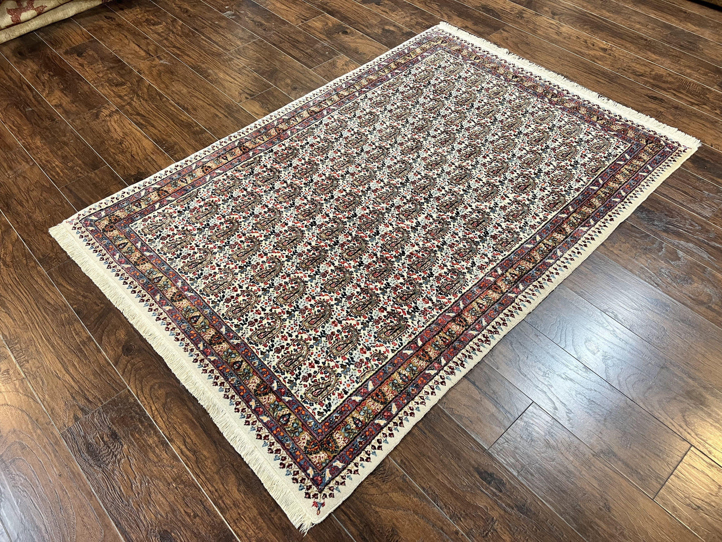 Persian Rug 4x6 Hand Knotted Ivory Mashad Kashmar Boteh Paisley Design