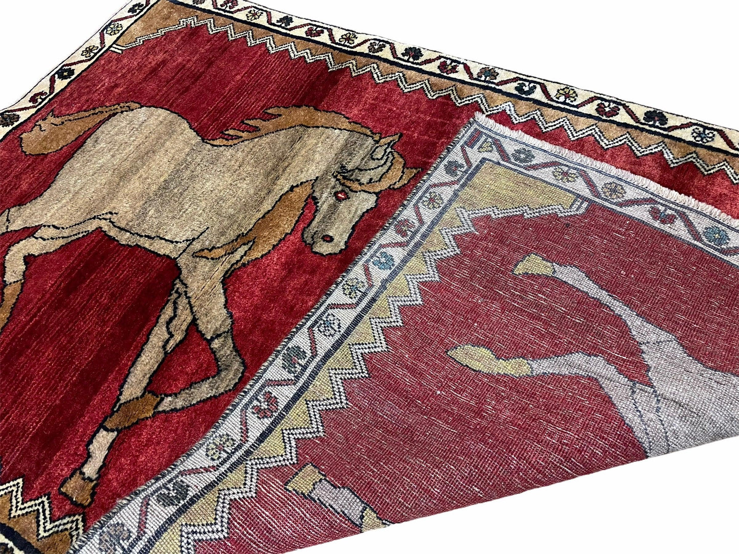 Handmade Hand Knotted Wool Rug 4x6 Vintage Horses Tribal Red Organic Dyes
