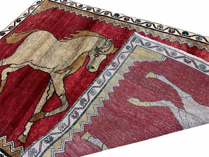 Handmade Hand Knotted Wool Rug 4x6 Vintage Horses Tribal Red Organic Dyes