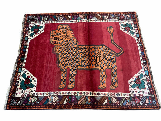Antique Persian Gabbeh Rug Wool Hand Knotted 4x5 Lion Pictorial Tribal
