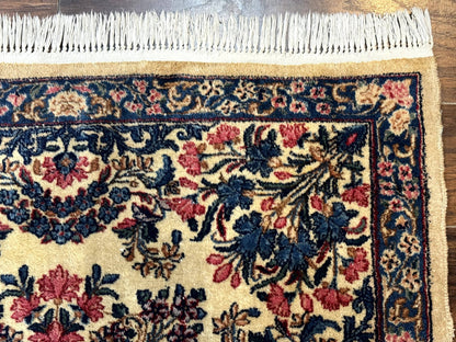 Persian Kerman Rug 4x4 Square Ivory Blue Pink Handmade 225 KPSI