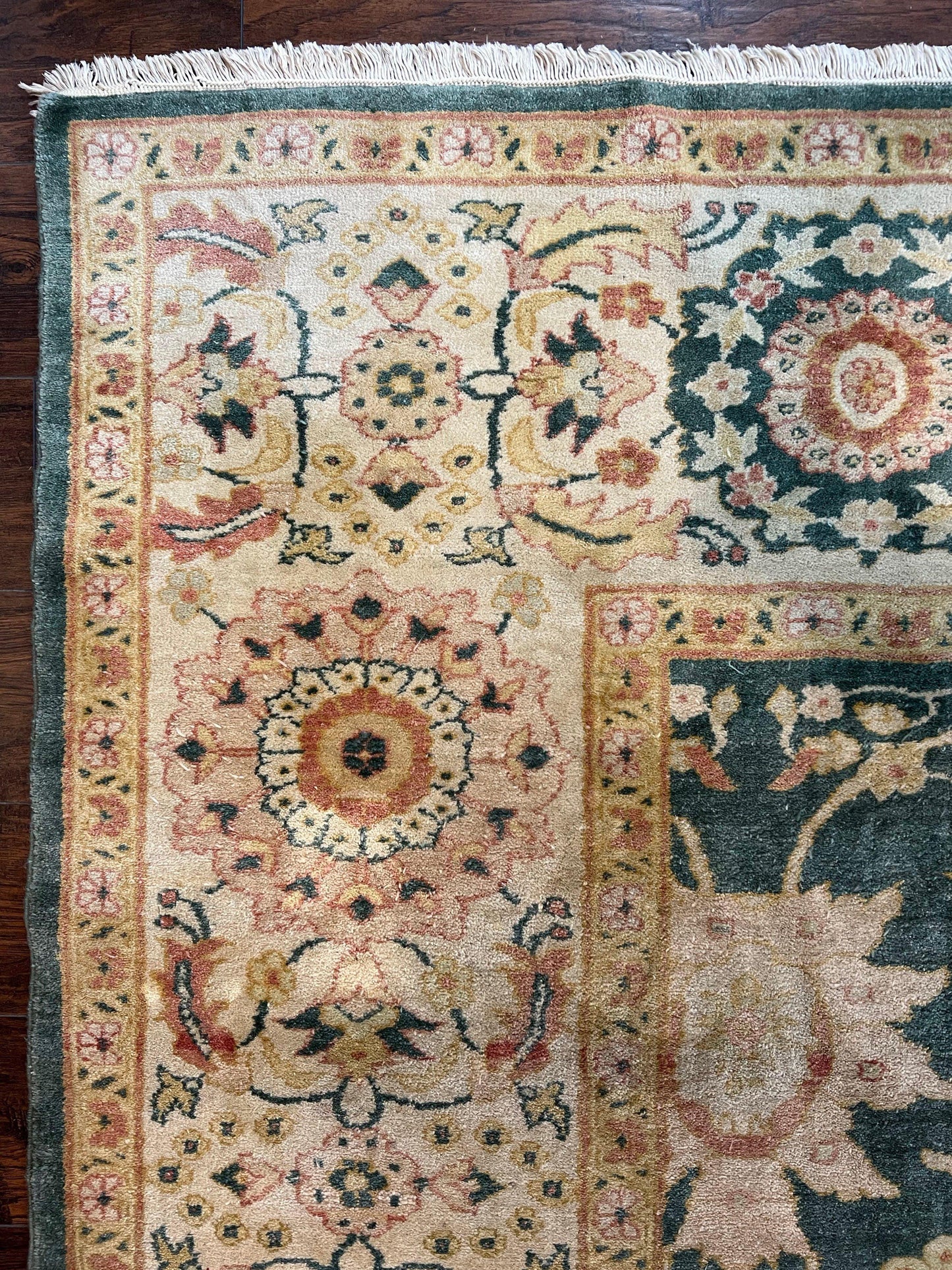 Egyptian Mahal Rug 10x14, Large Vintage Floral Hand Knotted Wool Carpet 10 x 14, Dark Green and Beige Traditional Handmade Persian Area Rug