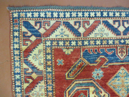 Vintage Turkish Kazak Wool Rug Handmade 4x6 Pattern Carpet Natural Dyes