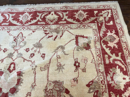 Peshawar Rug 8x12 Pakistani Carpet, Oriental Rug 8 x 12 Chobi Rug, Beige and Red, Allover Large Floral Design, Hand Knotted Vintage Wool
