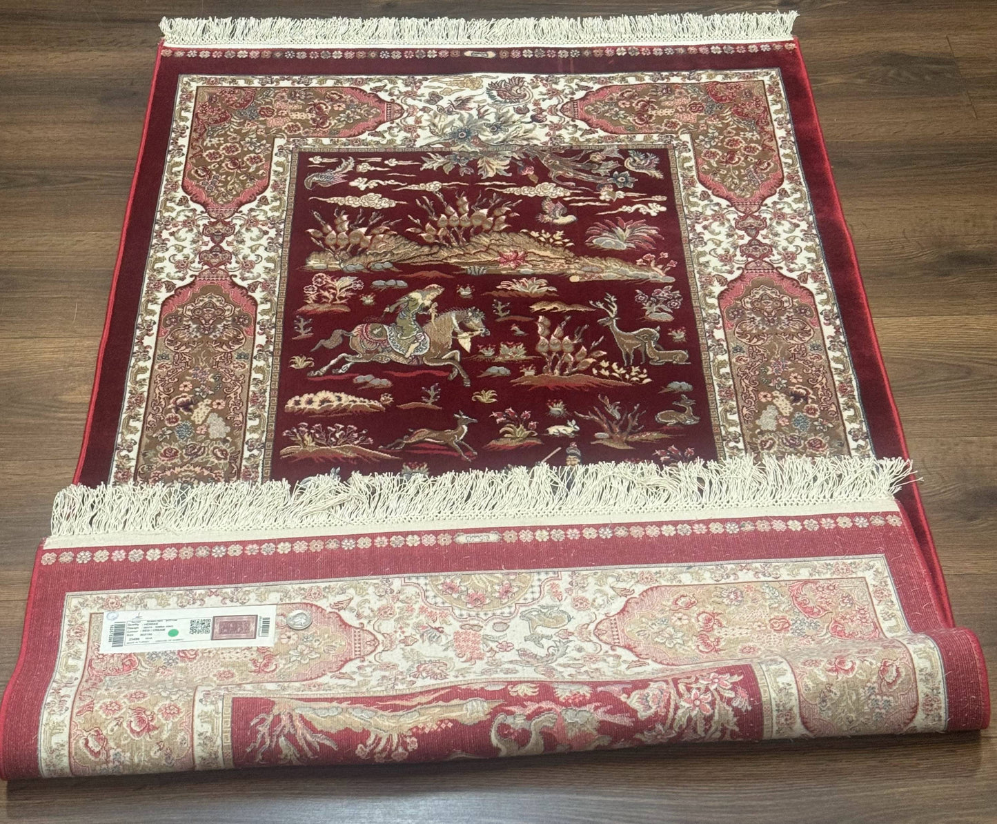 Turkish Silk Rug 3x5 Hunting Design Dark Red Ivory Bamboo Silk Area Rug