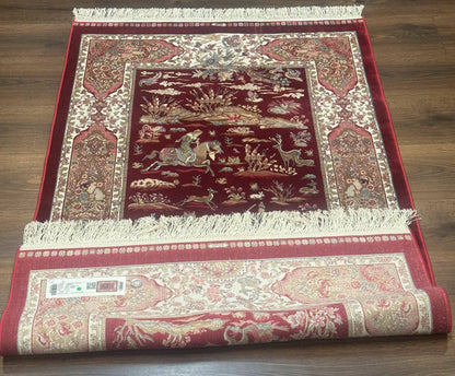 Turkish Silk Rug 3x5 Hunting Design Dark Red Ivory Bamboo Silk Area Rug