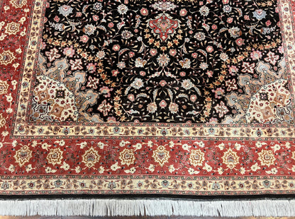 Marvelous Persian Tabriz Rug 7x10 ft, Super Fine 50 Raj, 300+ KPSI, Black and Rust Red, Floral Medallion Handmade Wool Oriental Carpet, Top Quality