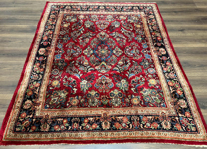 Rare Persian Almost Square Rug 6.3 x 5.3, Hand Knotted Wool Antique 1920s Sarouk Oriental Carpet, Red Navy Blue Beige, Floral Allover, 5x6 Area Rug