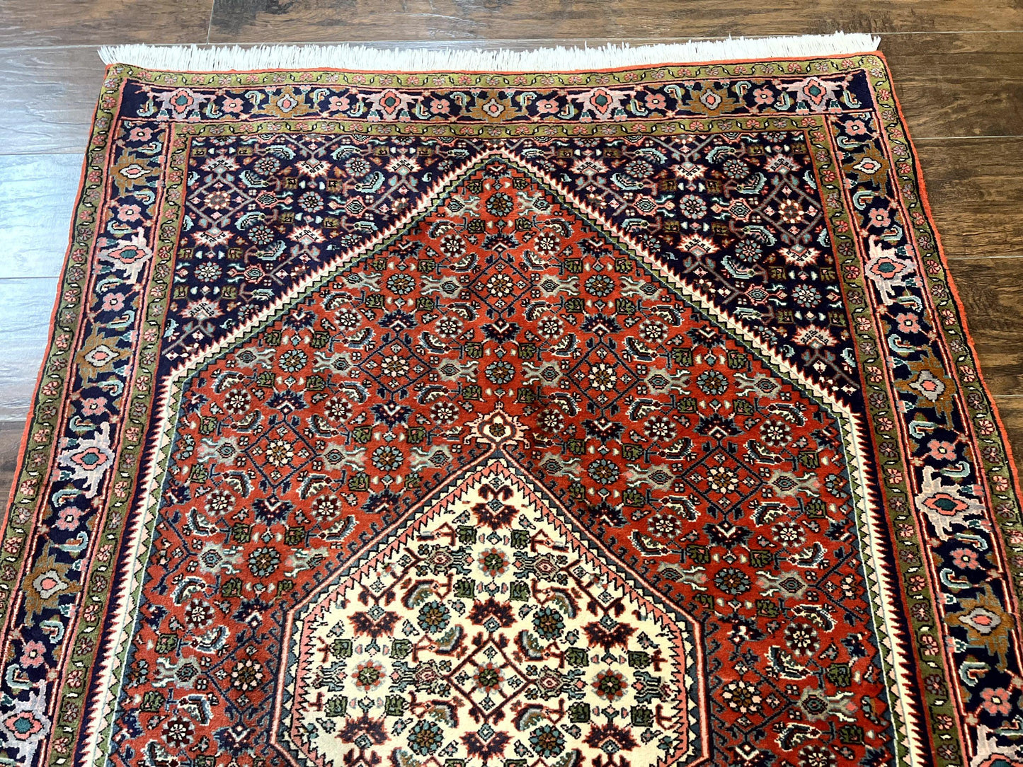 Persian Bidjar Rug 4x5, Finely Hand Knotted Vintage Carpet, Red and Navy Blue, Handmade Wool Rug, 180 KPSI