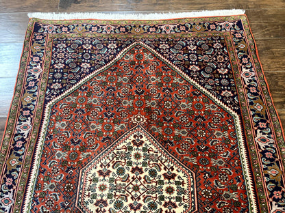 Persian Bidjar Rug 4x5, Finely Hand Knotted Vintage Carpet, Red and Navy Blue, Handmade Wool Rug, 180 KPSI