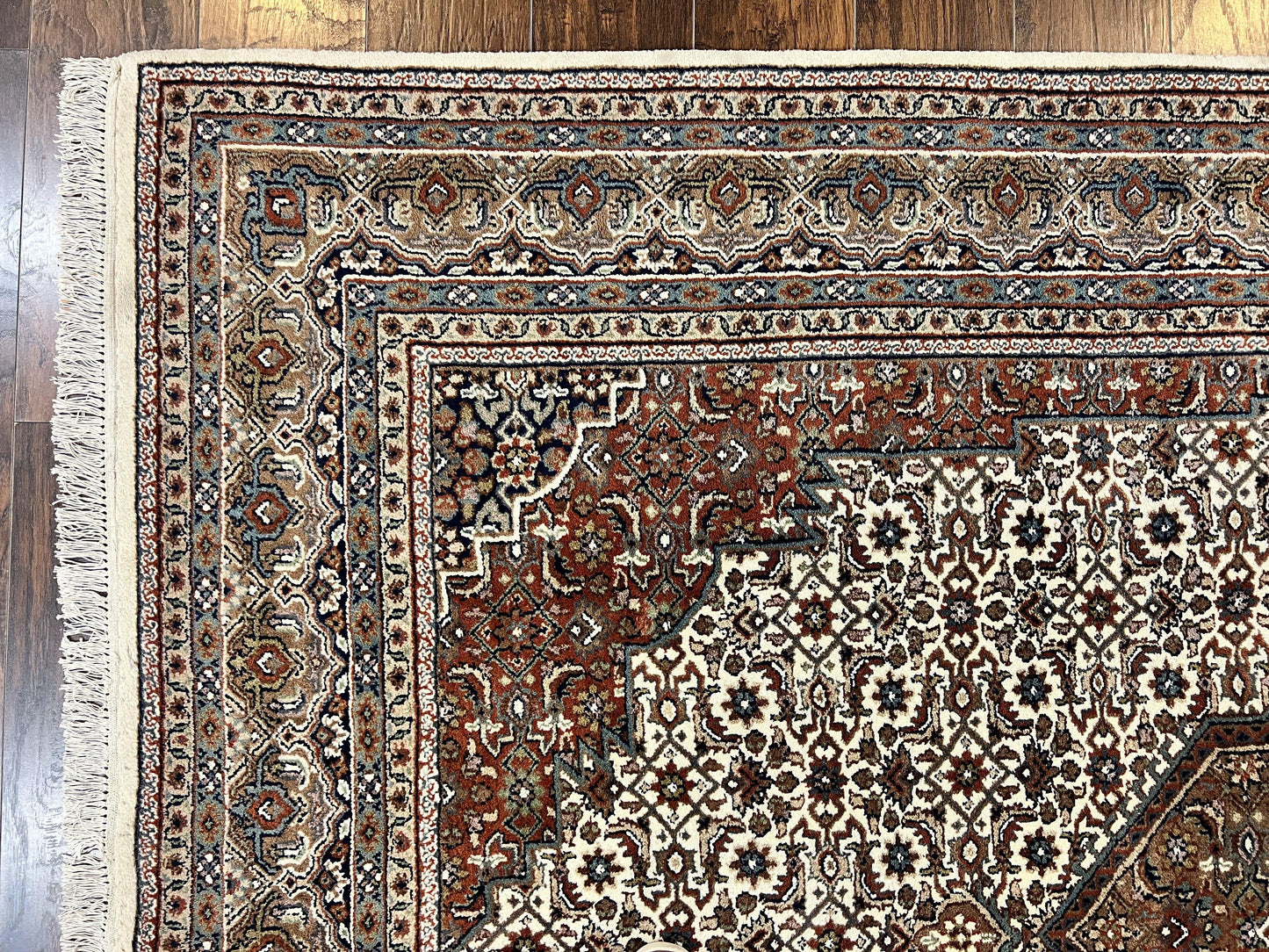 Indo Persian Rug 7x10 ft, Hand Knotted Wool Vintage Oriental Carpet 7 x 10, Traditional Handmade Herati Bidjar Cream Rug, Medallion Rug