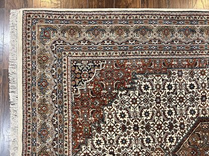 Indo Persian Rug 7x10 ft, Hand Knotted Wool Vintage Oriental Carpet 7 x 10, Traditional Handmade Herati Bidjar Cream Rug, Medallion Rug