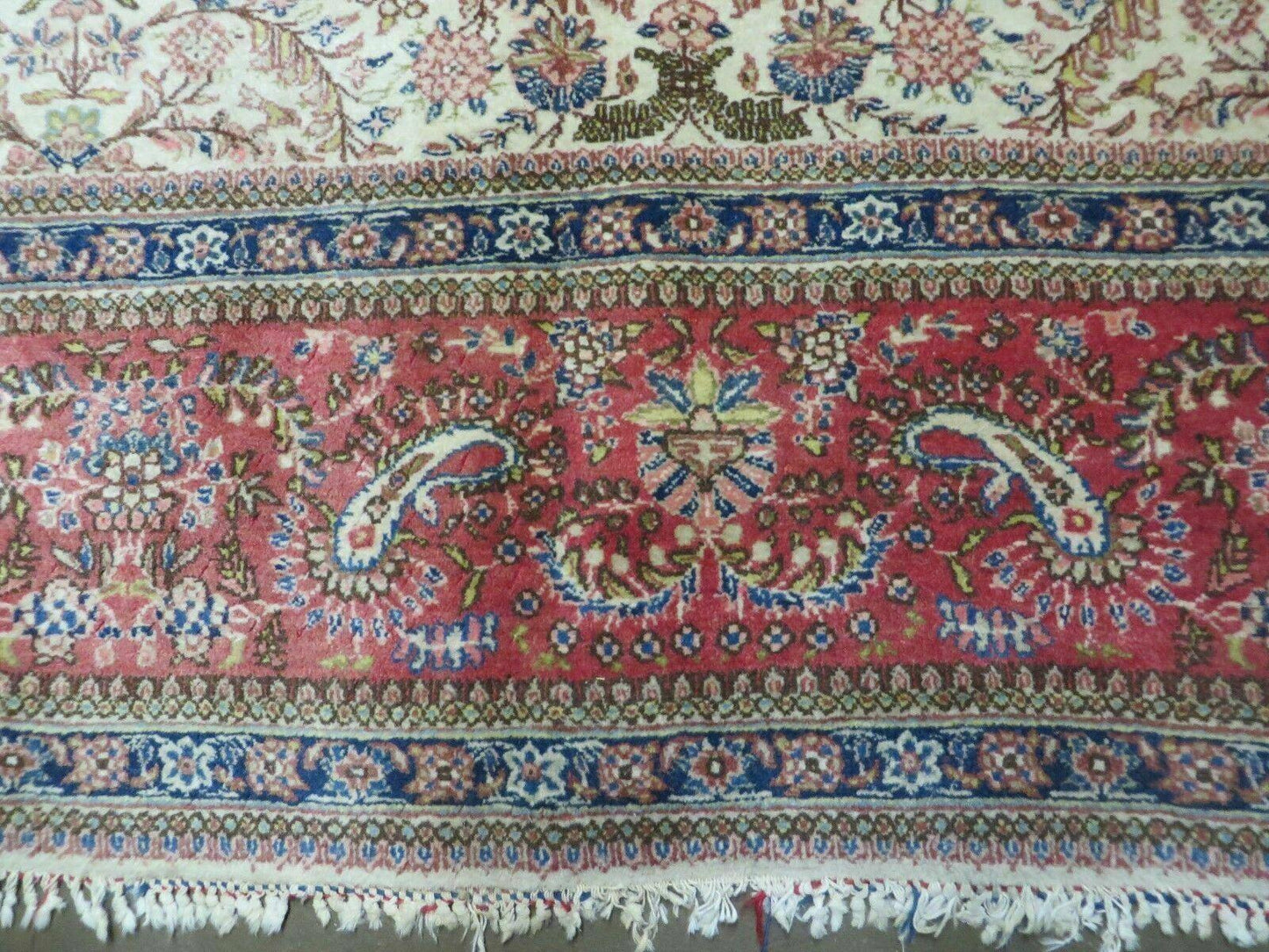Persian Tabriz Rug 8x10, Antique Authentic Wool Oriental Carpet 8 x 10 ft, Bird Motifs Floral Boteh Paisleys, Cream Red Blue Vintage Handmade Rug