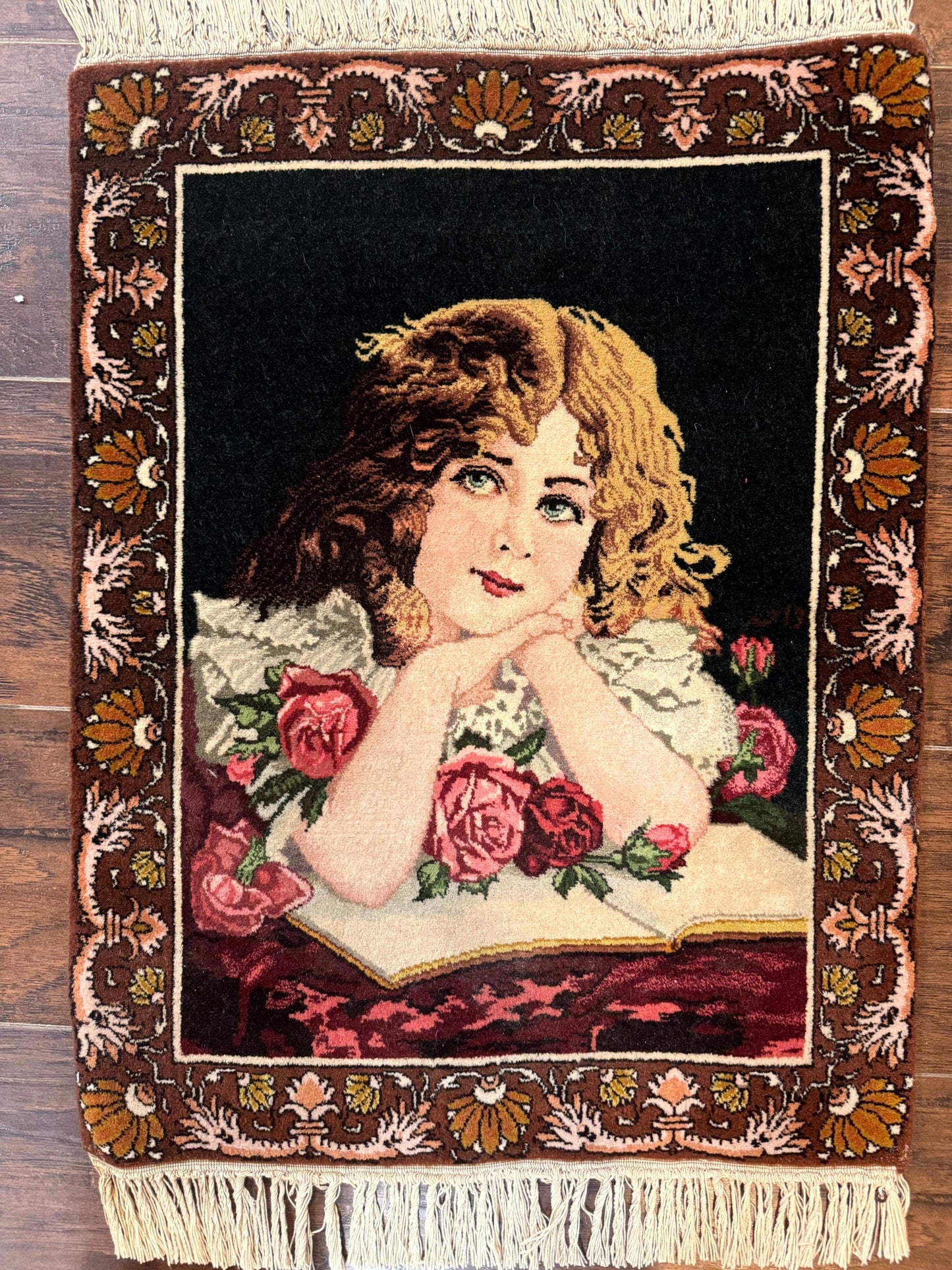 Persian Pictorial Rug Small Tabriz With Roses Portrait Of A Young Lady Handmade Wall Hanging