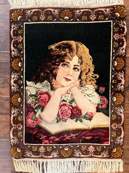 Persian Pictorial Rug Small Tabriz With Roses Portrait Of A Young Lady Handmade Wall Hanging