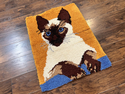 Small Shag Rug with Siamese Cat Pictorial, 2x3 ft Rug, Wool, Vintage, Danish Rya Shag Rug, Orange