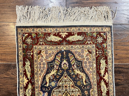 Silk Turkish Hereke Rug 2x3 Peacocks Birds Hand Knotted by Master Weaver 550 KPSI Animal Pictorial