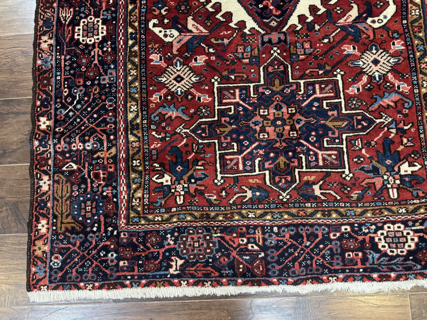 Persian Karajeh Rug 5x6, Antique Heriz Carpet, Geometric, Persian Tribal Rug, Brick Red Navy Blue