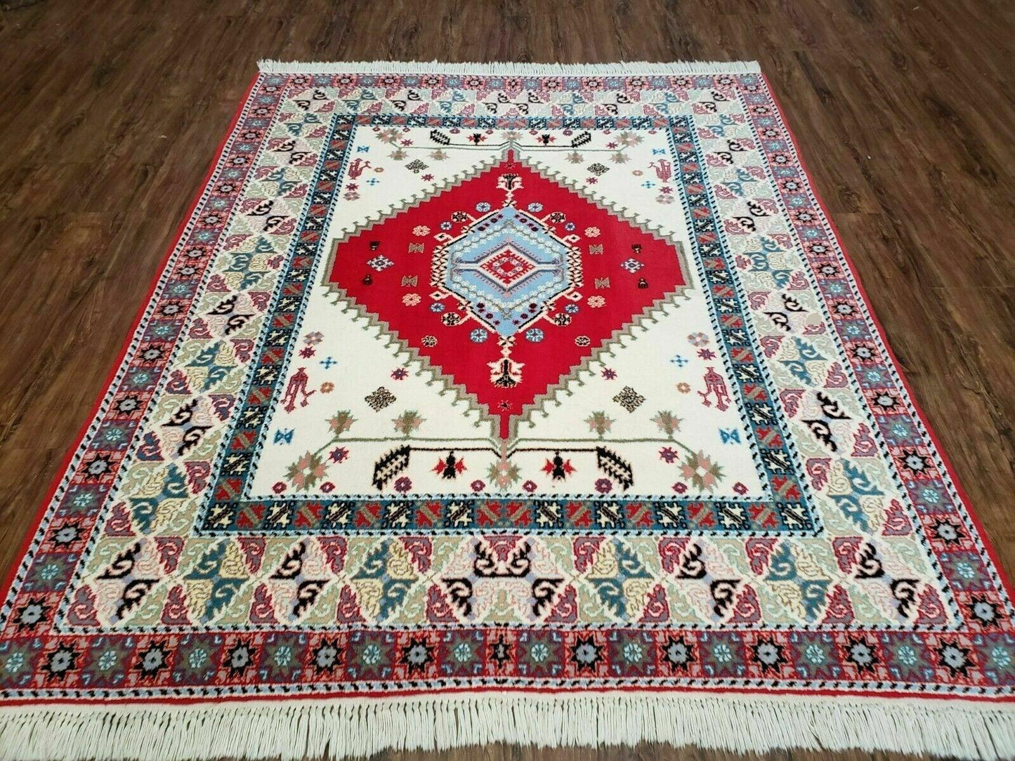 Vintage Moroccan Carpet 5x7 Area Rug, Berber Rug, Handmade Soft Wool Rug, Red Ivory and Blue, Geometric Medallion Rug, Bohemian Rug, Nice