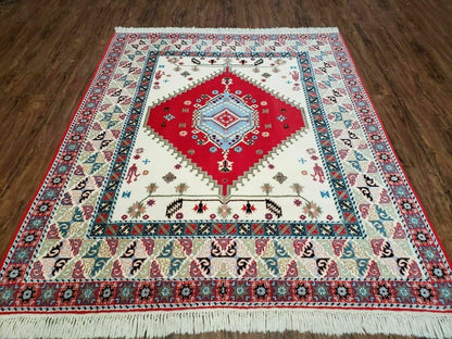 Vintage Moroccan Carpet 5x7 Area Rug, Berber Rug, Handmade Soft Wool Rug, Red Ivory and Blue, Geometric Medallion Rug, Bohemian Rug, Nice