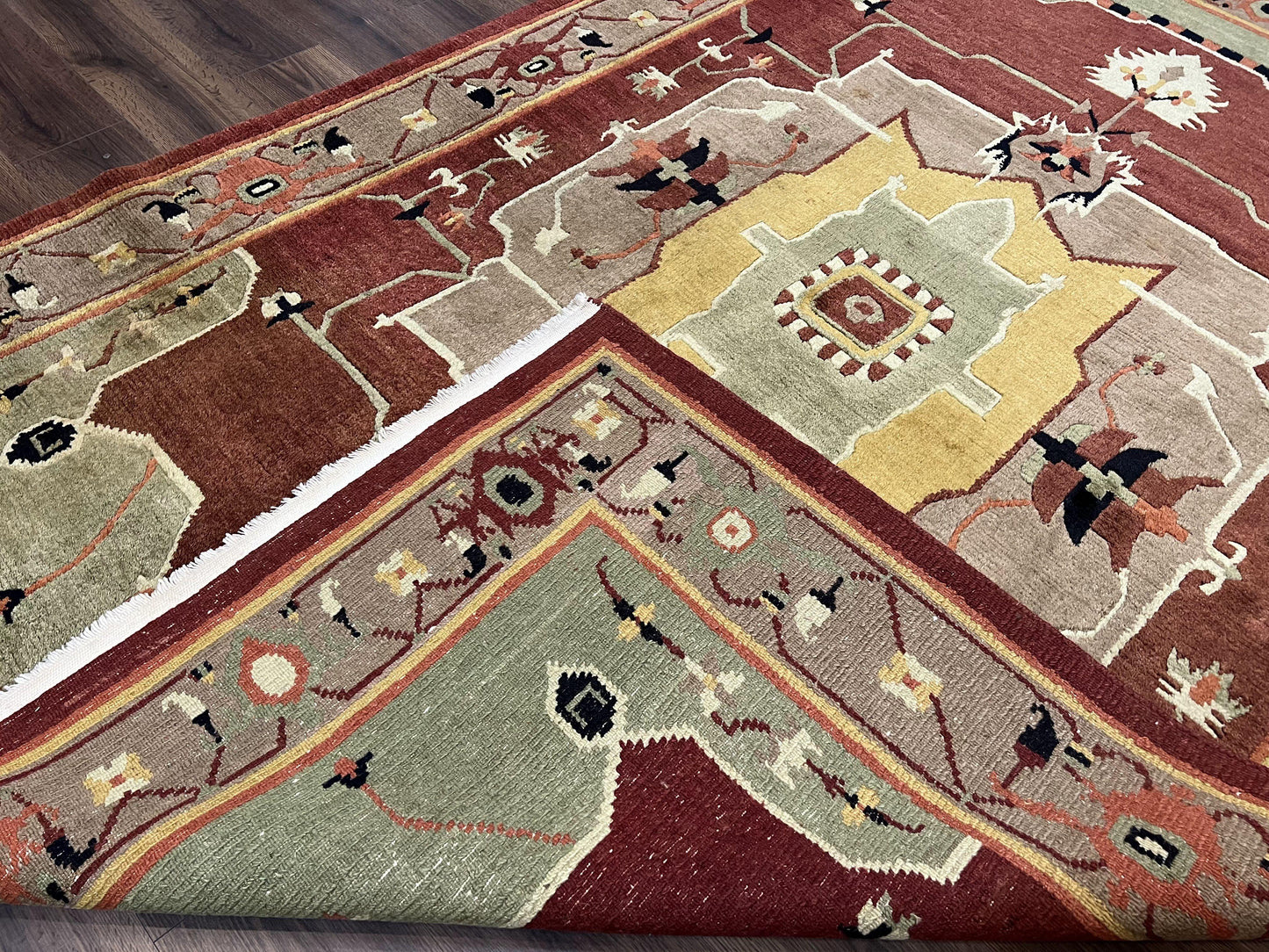 Tibetan Rug 7x10, Geometric Medallion, Red Green Taupe, Hand Knotted, Soft Wool Area Rug, Contemporary Carpet, Handmade Nepali Rug 7 x 10 ft