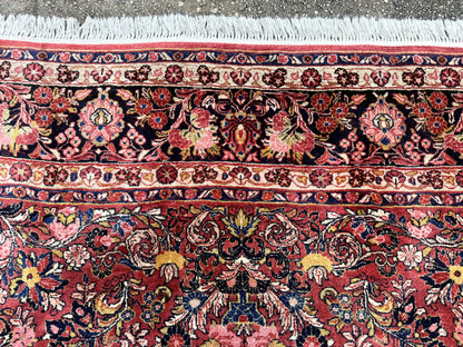 Large Antique Persian Sarouk Rug 11x18, Red, Floral Allover, Palace Size Wool Handmade Carpet
