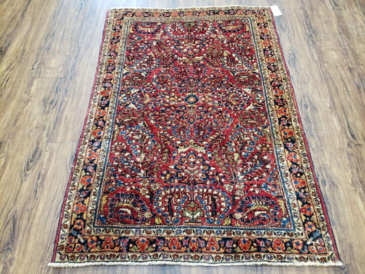 Antique Persian Sarouk Rug, Red, Allover Floral Pattern, Hand-Knotted, Wool, 3'4" x 4'10"