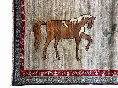 Handmade Wool Rug 4x6 Vintage Zagros Horses Pictorial Area Rug