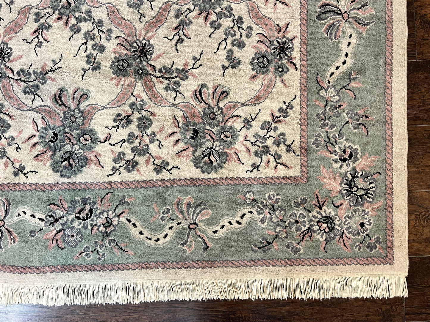 Power Loomed Wool Rug 8x11 Ivory Green Floral Belgium Crafted