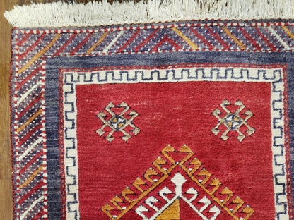 Vintage Turkish Kazak Rug 2.5 by 5 Red Wool Runner With Medallions Geometric Pattern