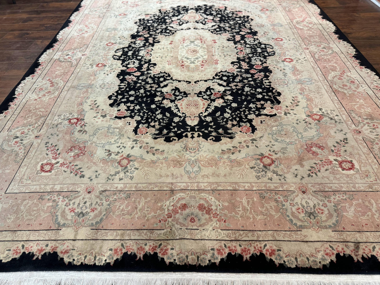 Pak Persian Tabriz Rug 8.6 x 11.6, Black Pink, Traditional Elegant Formal Oriental Carpet, Dining Room Rug, Fine 225 KPSI