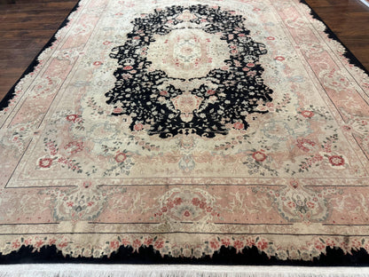 Pak Persian Tabriz Rug 8.6 x 11.6, Black Pink, Traditional Elegant Formal Oriental Carpet, Dining Room Rug, Fine 225 KPSI
