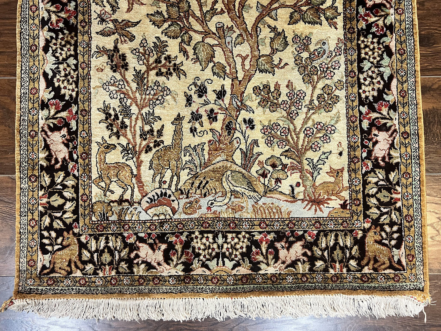 Silk Tree of Life Persian Qum Rug 3x4, Hand Knotted Vintage Carpet, Cream & Black, Very Fine Oriental Rug, Animal Pictorials, Birds