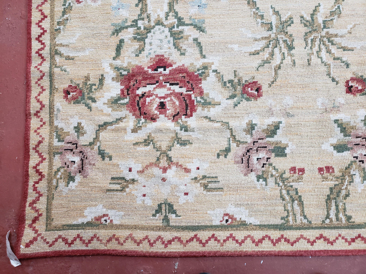 Needlepoint Rug 10x14 Wool Flatweave Carpet, English Floral Pattern, Pale Yellow, Roses, Allover Pattern, Handmade Large Needlepoint Nice
