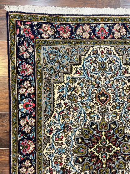Persian Qum Rug 3x5, Wool with Silk Highlights, Handmade Semi Antique Carpet, Ivory & Navy Blue, Floral Medallion, Finely Hand Knotted